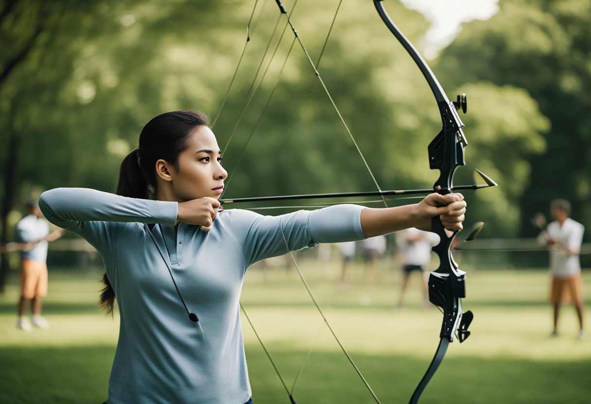 People practice archery in a public park. Target, arrows, and bow are set up in a grassy area surrounded by trees