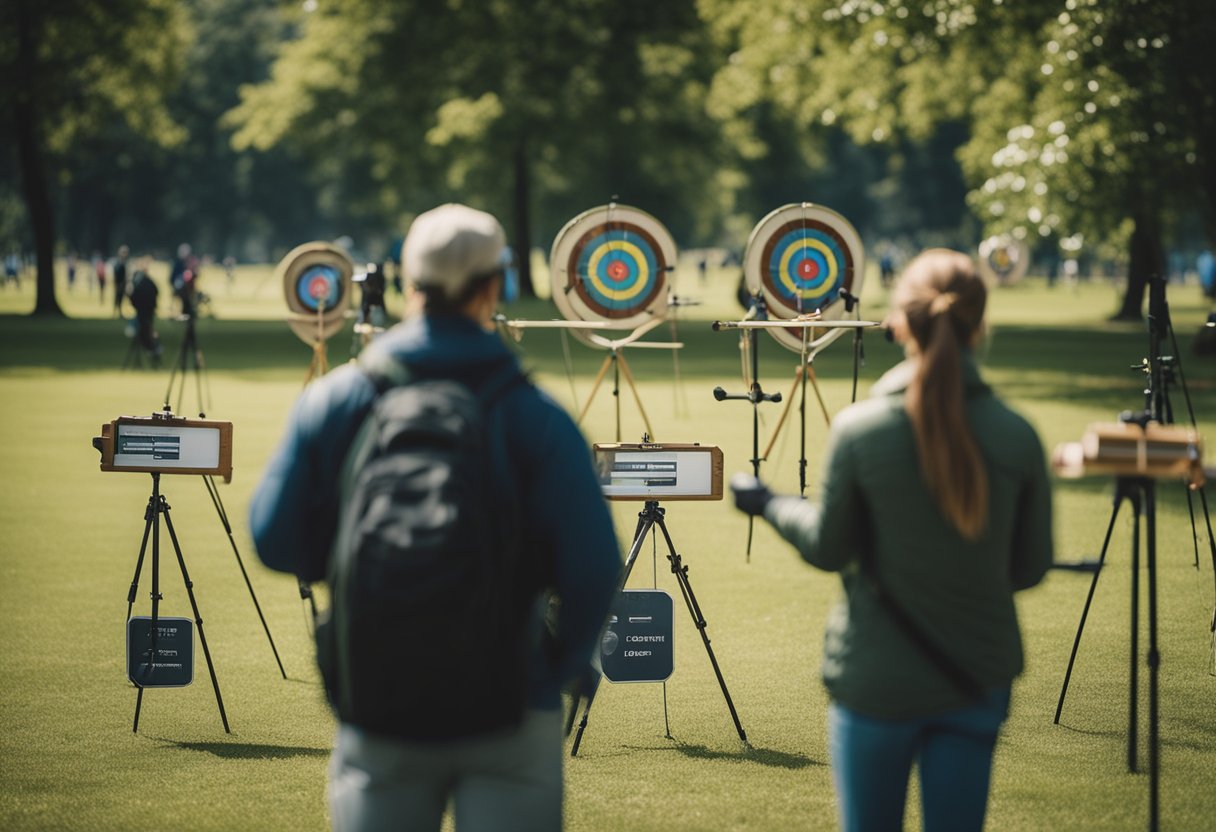 People are gathered in a public park, shooting arrows at targets set up in a designated archery area. Signs indicate rules and regulations for practicing archery in the park