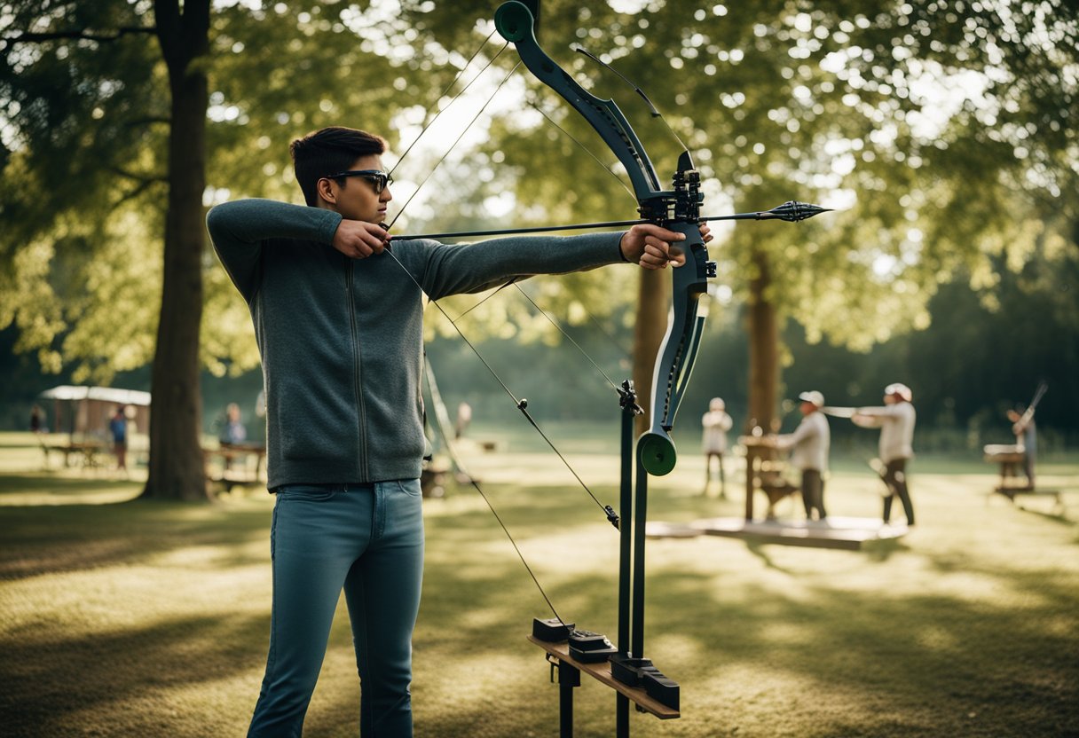 People practicing archery in a public park, surrounded by trees and a clear shooting range. Target stands and arrows visible