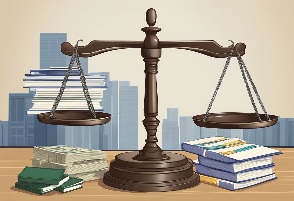 A scale balancing money and law books, with a gavel and tax documents in the background