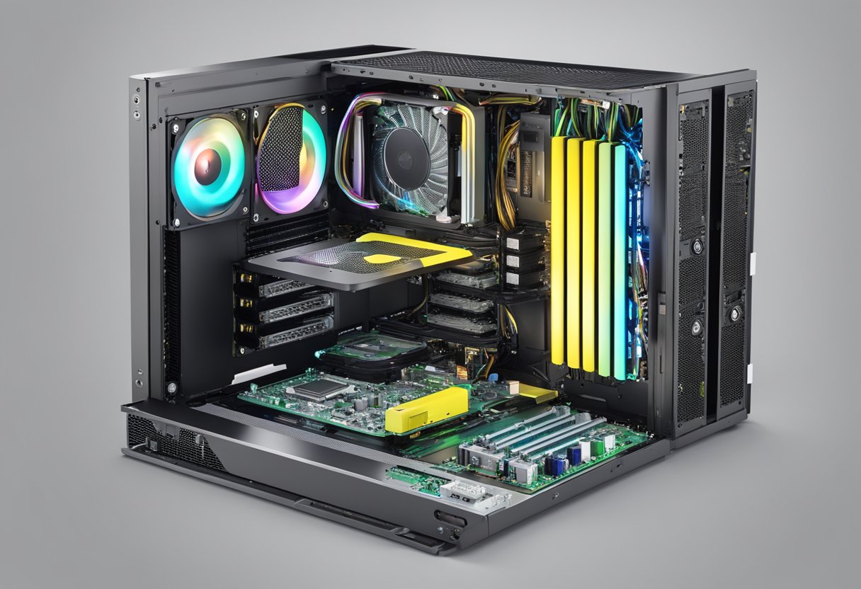 A computer case flipped upside down, with motherboard and components mounted on the opposite side, allowing for better airflow and cable management