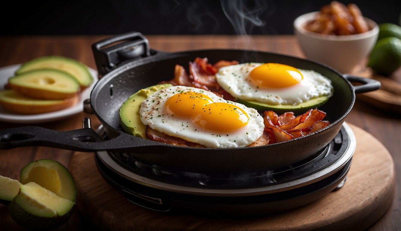 The Keto Dash Mini Griddle sizzles with bacon, eggs, and avocado. Steam rises as the ingredients cook, creating a delicious keto-friendly breakfast spread