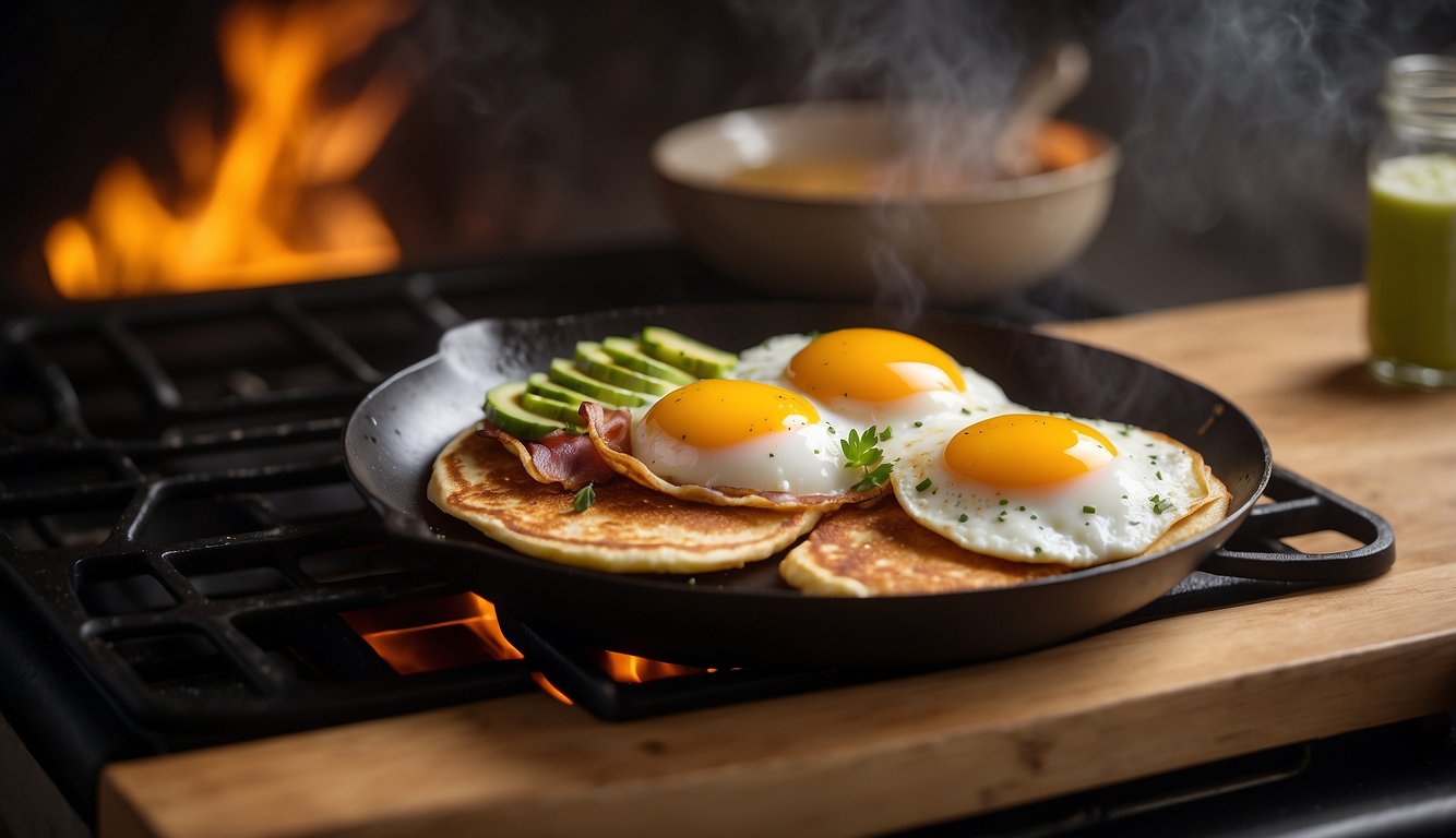 A small griddle sizzling with keto-friendly ingredients like bacon, eggs, and avocado. A spatula flips a golden pancake while steam rises