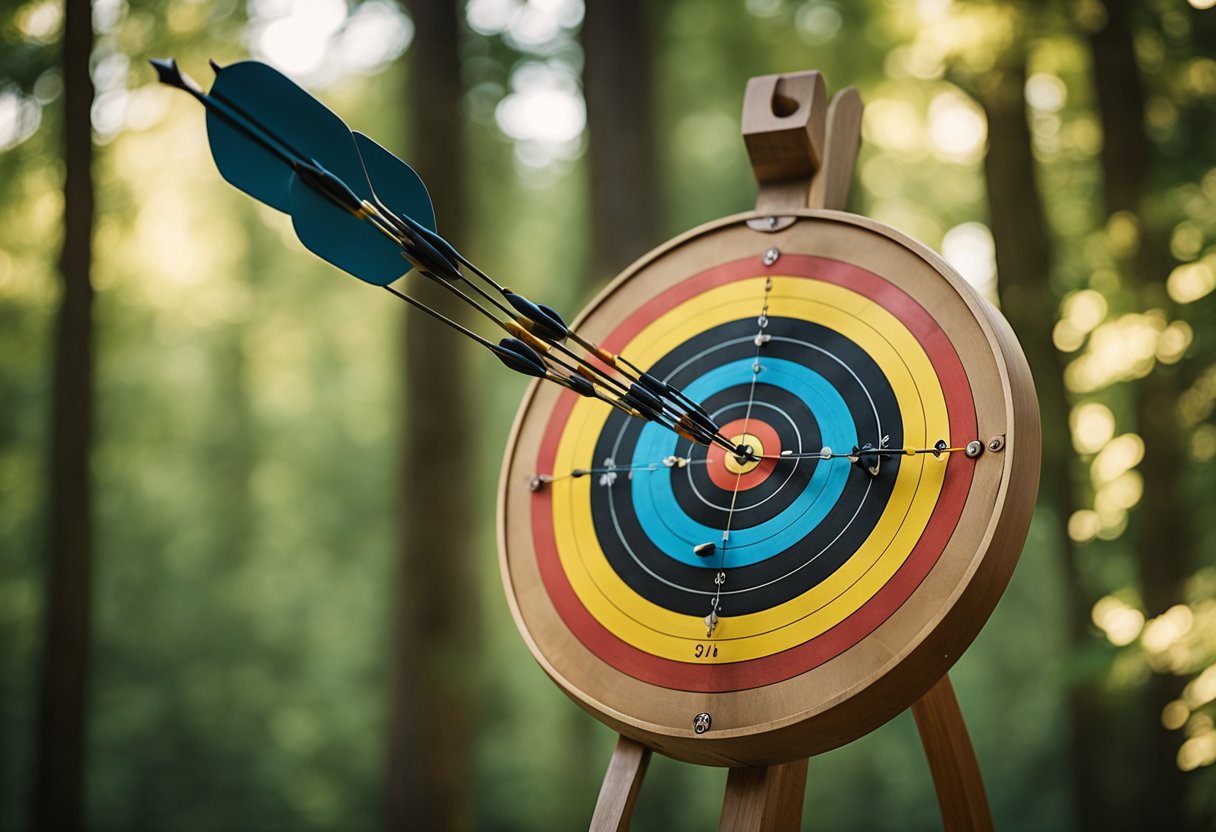 An archery target with arrows in varying distances from the bullseye, surrounded by a serene forest backdrop