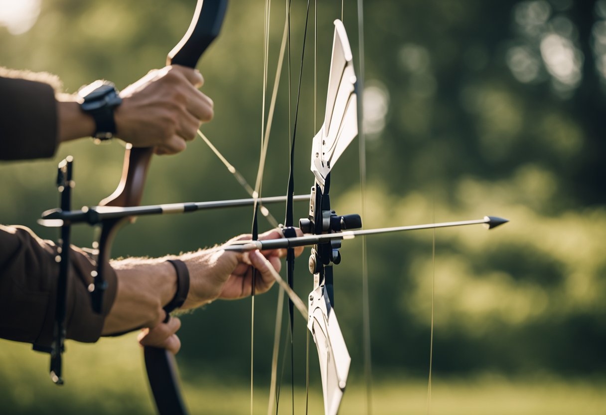 An archer pulls back the bowstring, aiming at a distant target. The arrow flies through the air, hitting the bullseye with precision