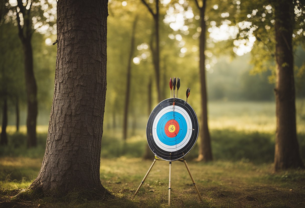 An archery target stands at a distance, arrows piercing the bullseye. Nearby, a quiver holds a set of arrows, and a bow rests against a tree