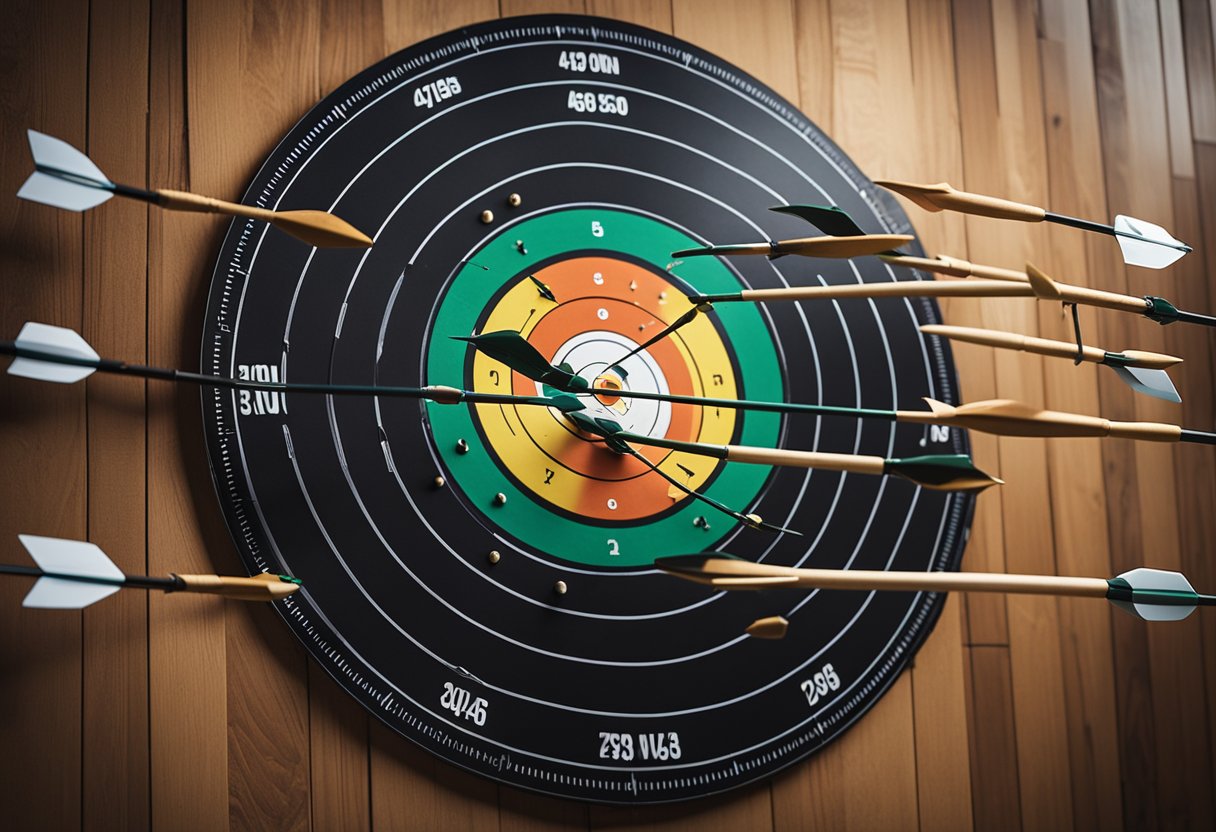 A bow and arrow set laid out on a table, surrounded by practice targets and arrows stuck in a bullseye, indicating progress and dedication to the sport of archery