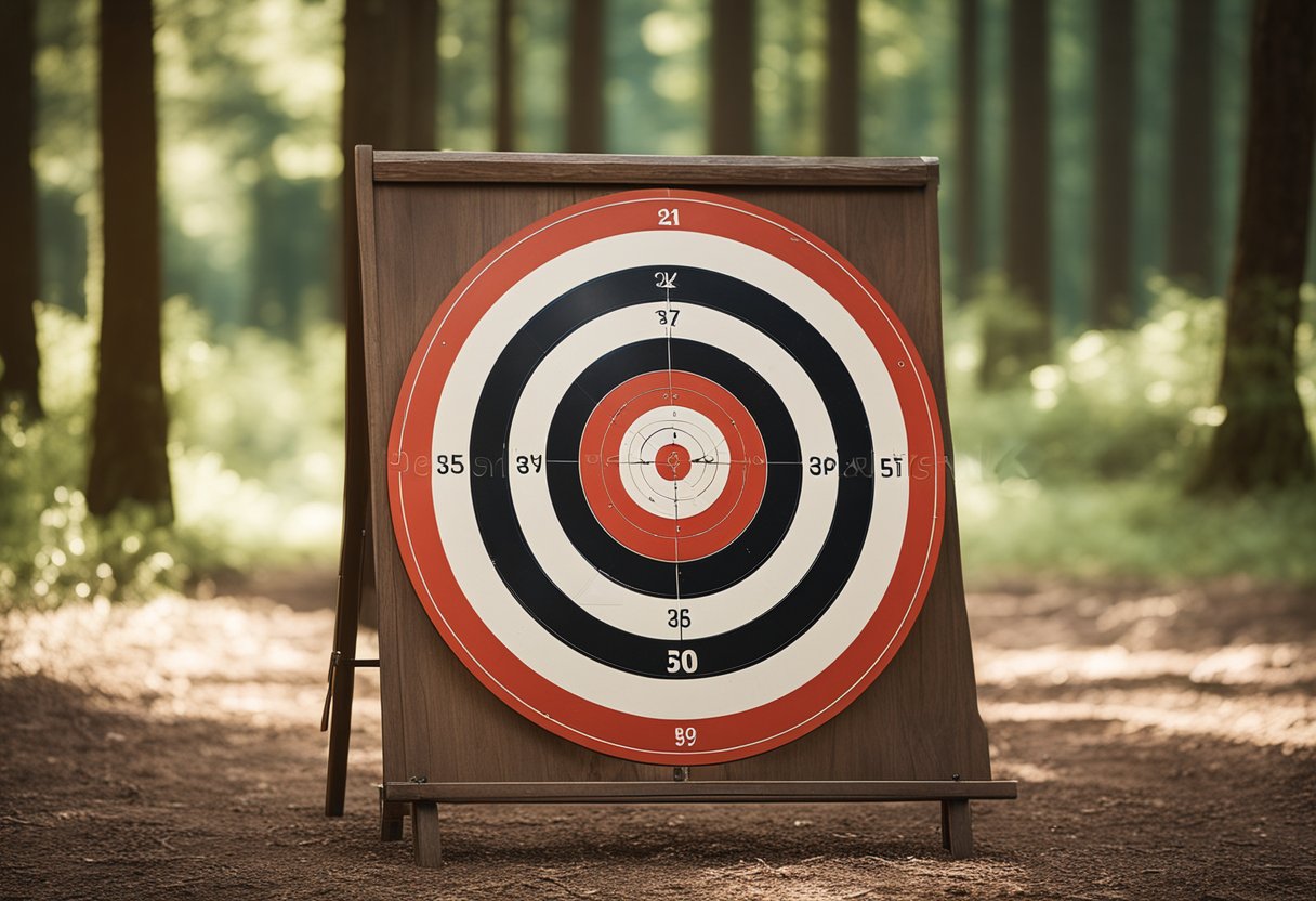 An archery target with arrows grouped around the bullseye, surrounded by a serene forest backdrop