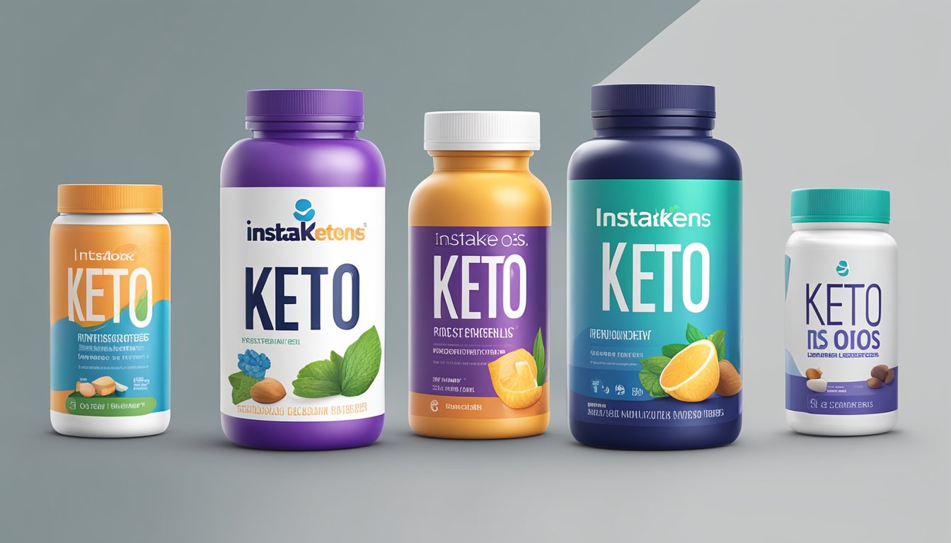Two supplement bottles stand side by side, one labeled "Instaketones" and the other "Keto OS." The labels prominently display their respective brand names and logos