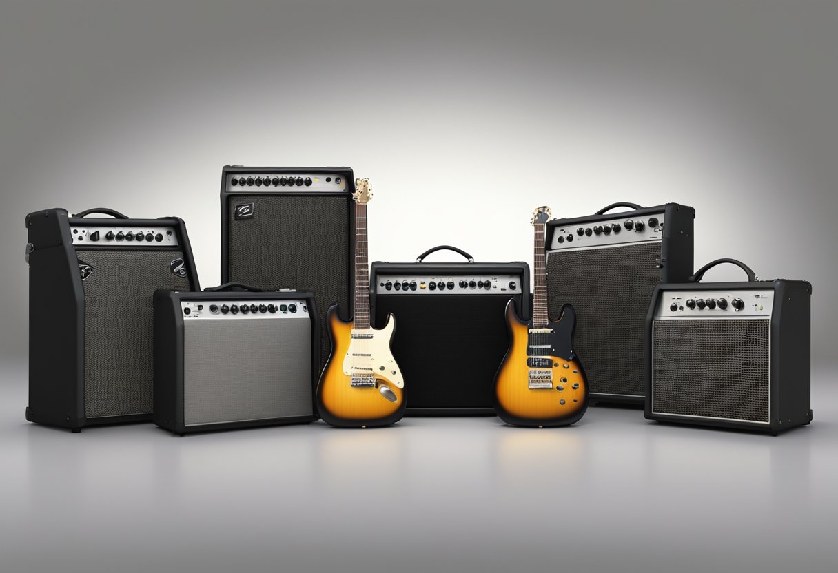 A variety of guitar amplifiers arranged in a studio setting