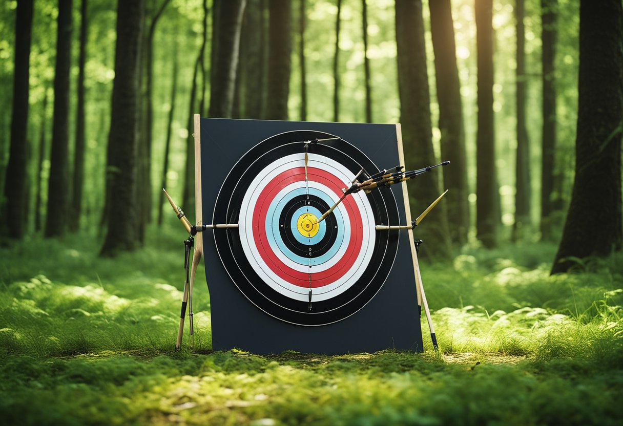 An archery target set up in a lush green forest clearing, with arrows sticking out of the bullseye and scattered on the ground