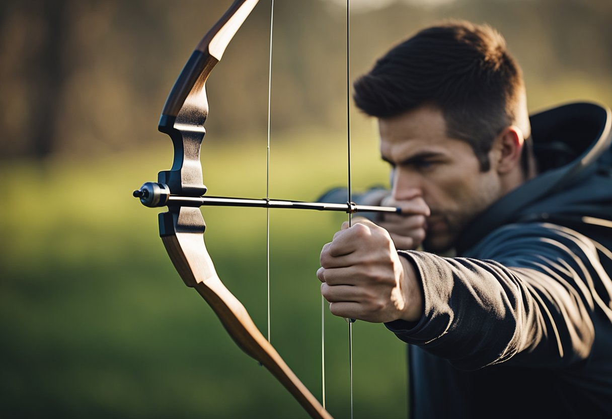 An archer draws a bow, focusing on target. Arrows fly, hitting bullseye. Scene depicts strength, focus, and precision in archery for weight loss and fitness