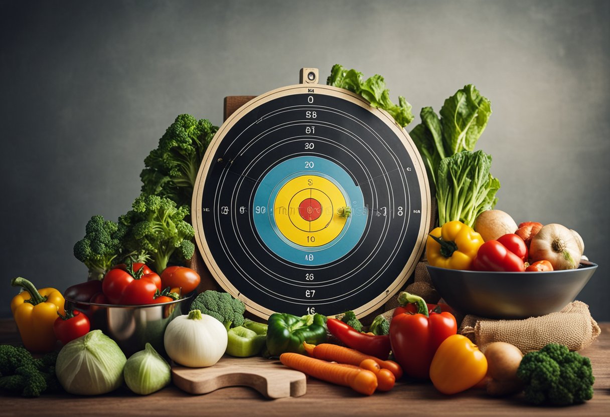 An archery target surrounded by measuring tape, a scale, and a bowl of vegetables