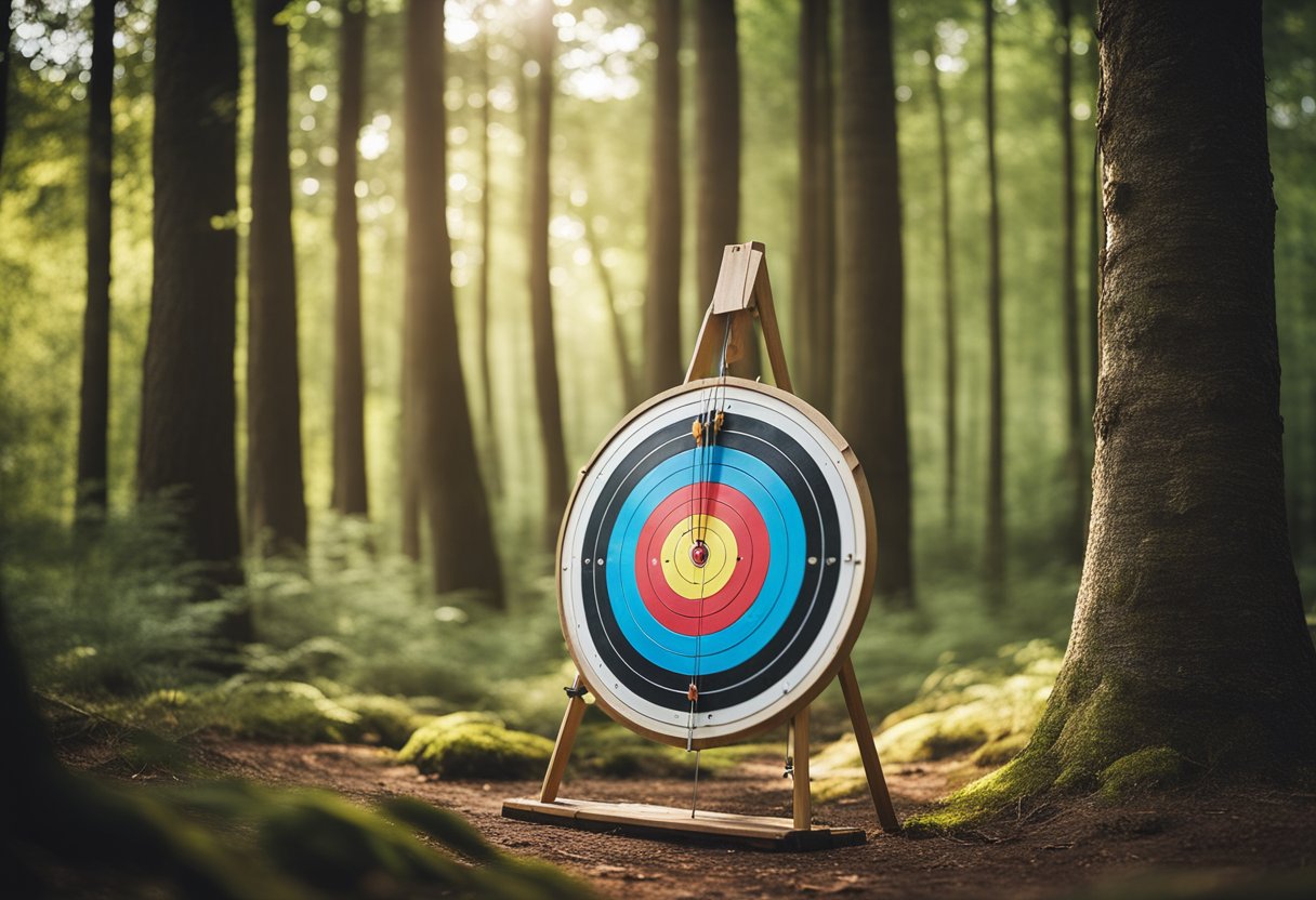 An archery target set up in a peaceful forest clearing, with arrows scattered around and a bow leaning against a tree