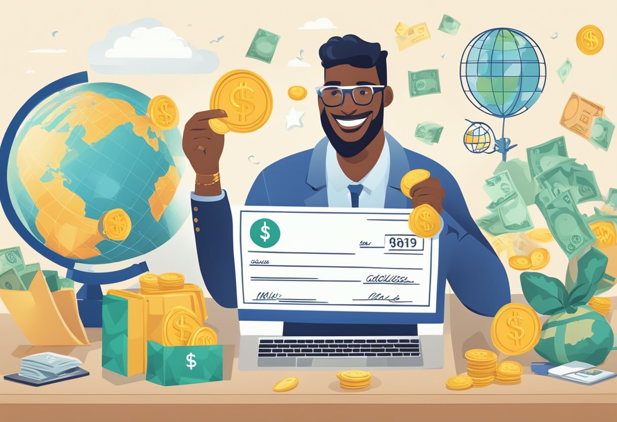 A person receiving a large check with a smile, surrounded by symbols of success like a laptop, money bags, and a globe