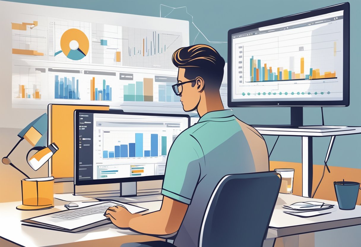 A person researching, strategizing, and networking to expand their affiliate marketing business, surrounded by charts, graphs, and a computer