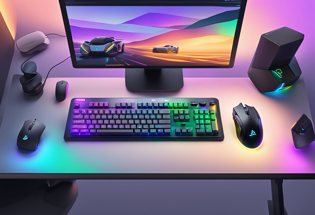 A PS5-compatible mouse sits next to a sleek gaming keyboard on a clean, modern desk. The mouse features customizable RGB lighting and programmable buttons for a seamless gaming experience