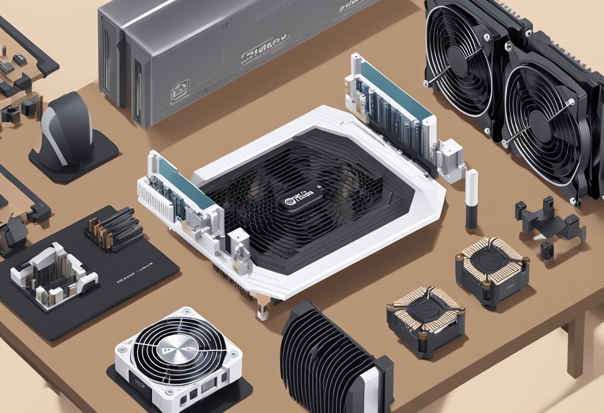 A hand reaches for the Noctua CPU cooler on a shelf, surrounded by various other computer components. The packaging is sleek and professional, with the product name and features clearly displayed