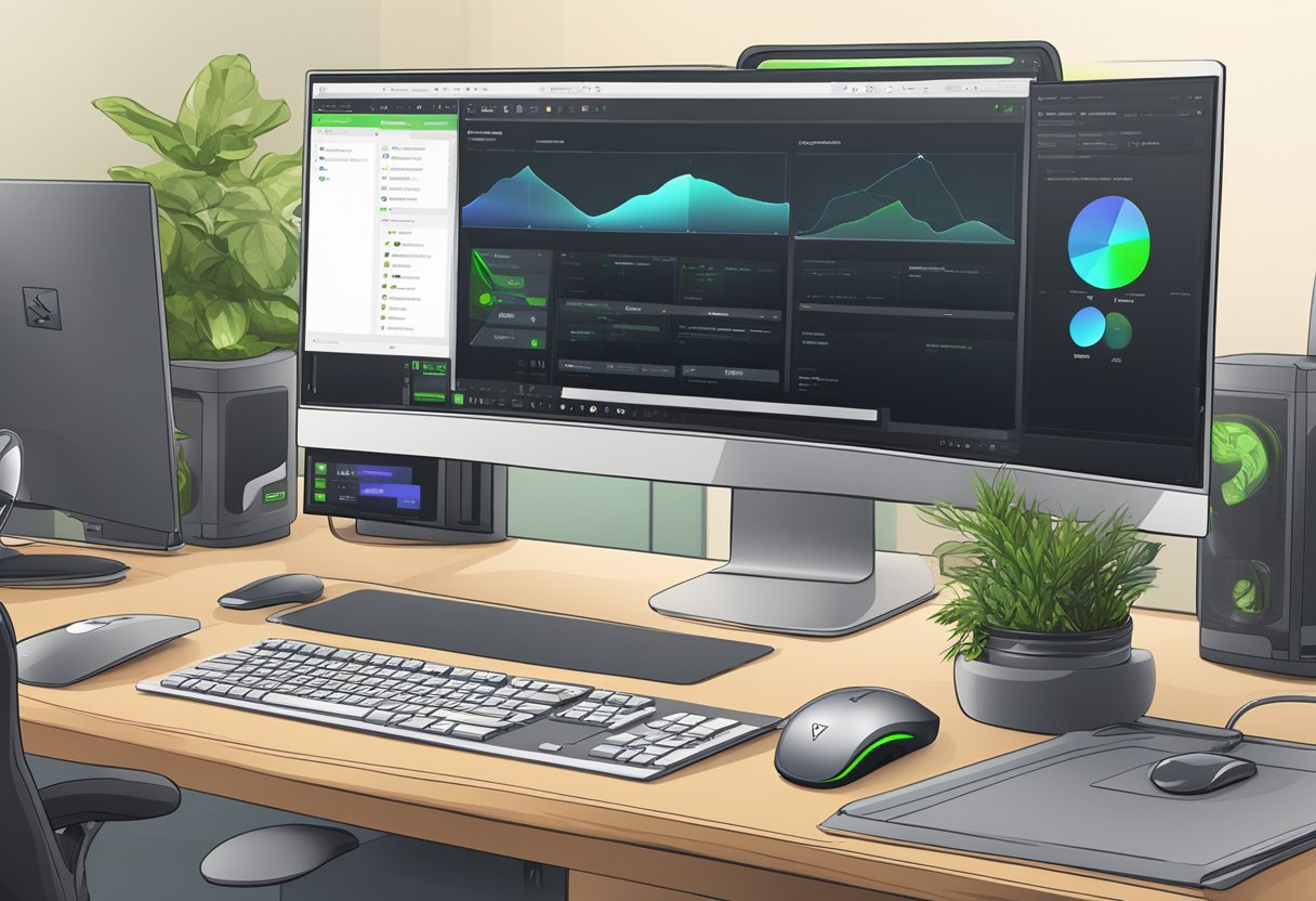 A computer screen displaying the Nvidia Control Panel with various settings and options visible, surrounded by a keyboard and mouse on a desk