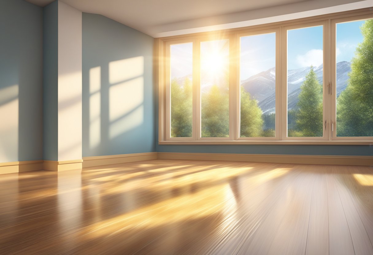 Sunlight streams through a window, casting a radiant glow on the clean, glossy laminate flooring