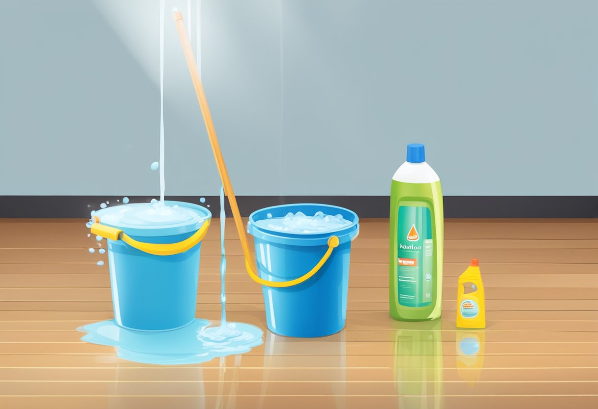 A bucket of water, a mop, and a bottle of laminate floor cleaner sit next to a shiny laminate floor. A person's reflection can be seen in the glossy surface