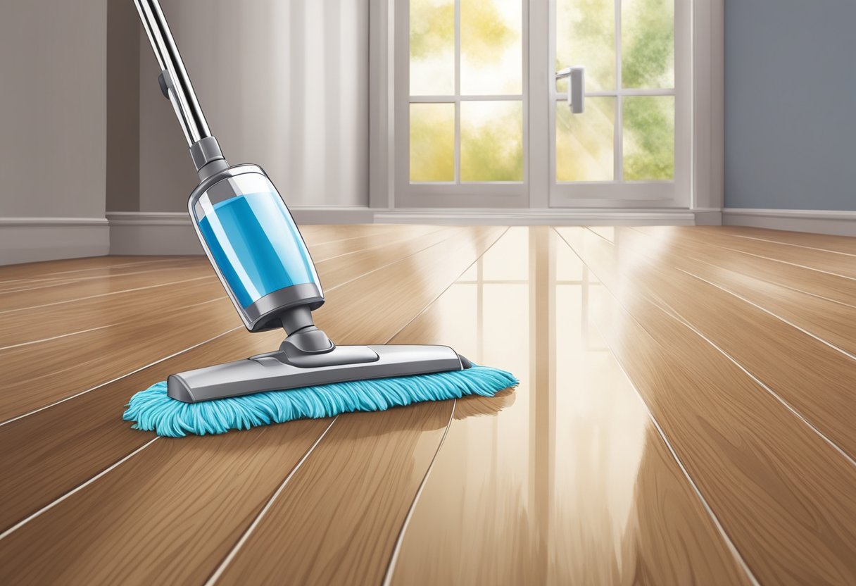 A mop glides over laminate floor, leaving a glossy sheen. A spray bottle sits nearby, ready to add extra shine