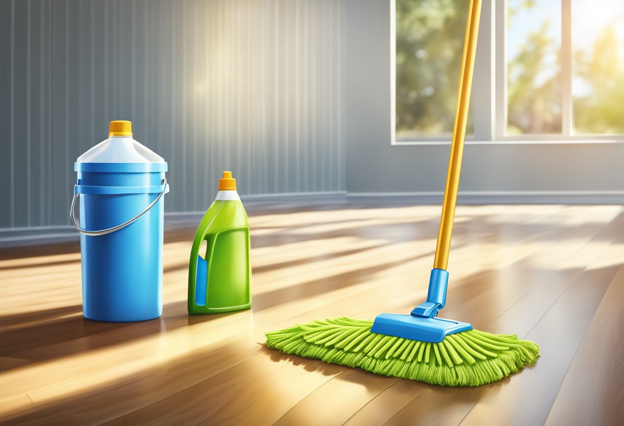 A bottle of laminate floor shine sits next to a mop and bucket. Sunlight streams through a window, highlighting the glossy surface of the clean floor