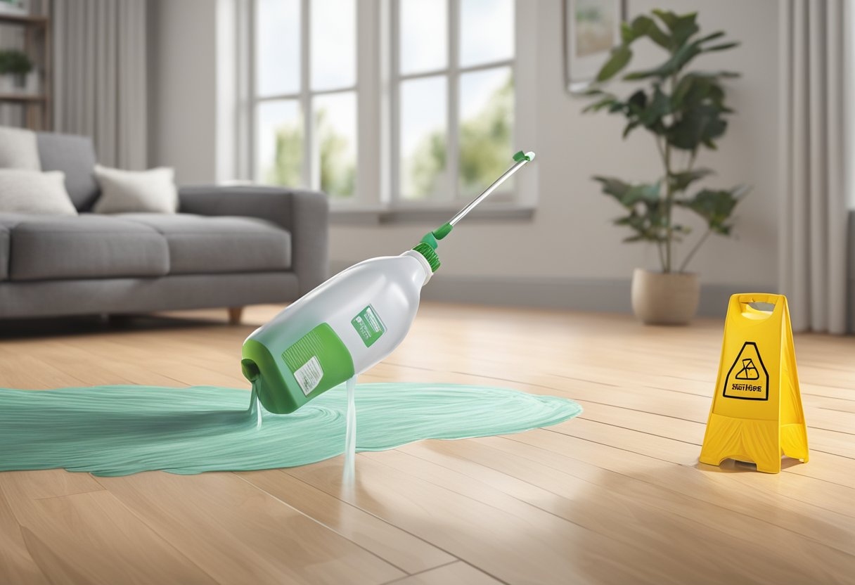 A bottle of shine product being poured onto laminate flooring, with a mop spreading the product evenly across the surface