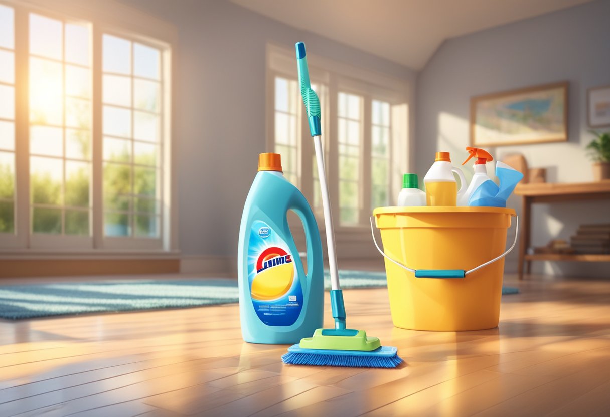 A bottle of laminate floor cleaner sits next to a mop and bucket. Sunlight streams through a window, casting a warm glow on the glossy surface of the clean laminate flooring