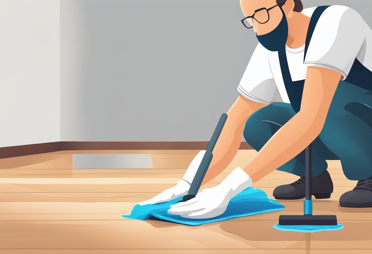 A person applies laminate floor polish, creating a glossy shine. They use a mop or applicator to spread the polish evenly across the floor