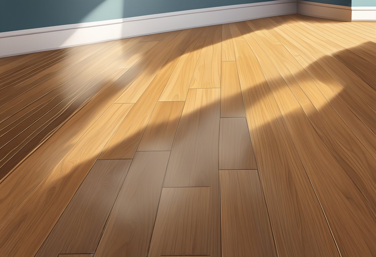 Laminate flooring reflecting light, creating a shine. FAQ text visible in the background
