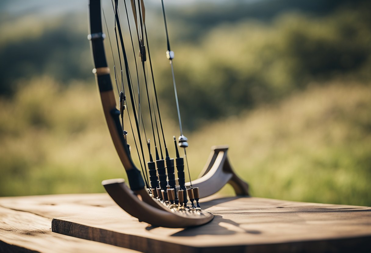 An archery bow lies steady on a wooden stand, arrows neatly arranged nearby. A calm, serene setting with no visible signs of shaking