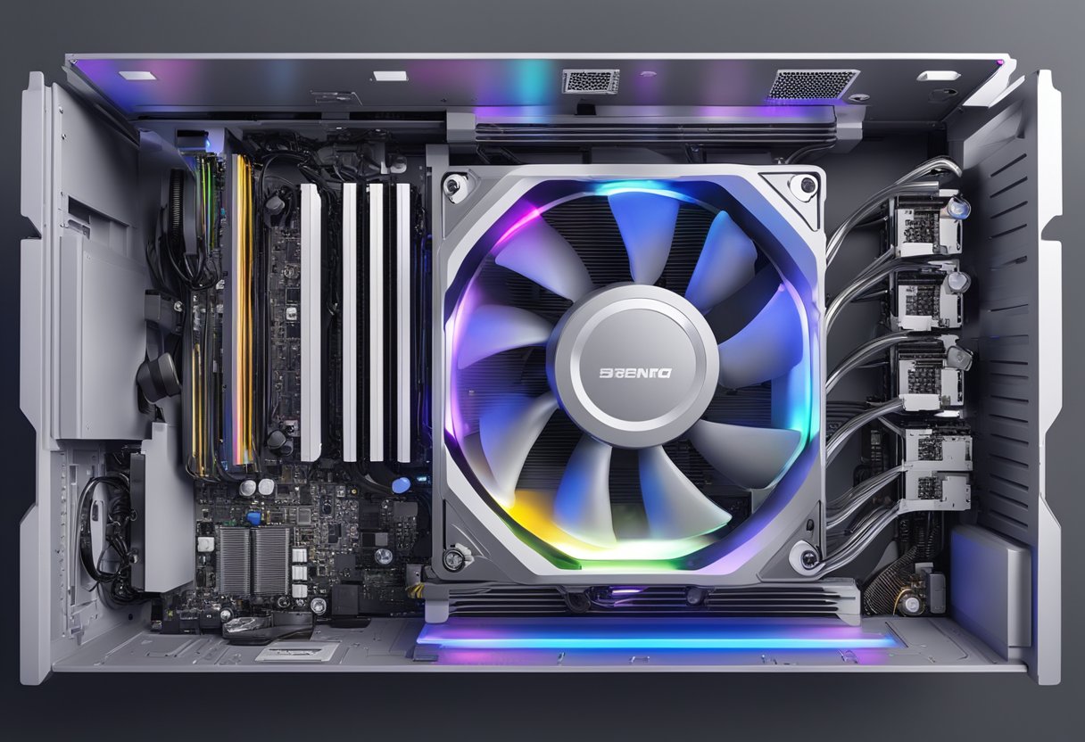 An open computer case with RGB CPU AIO cooler components laid out for assembly