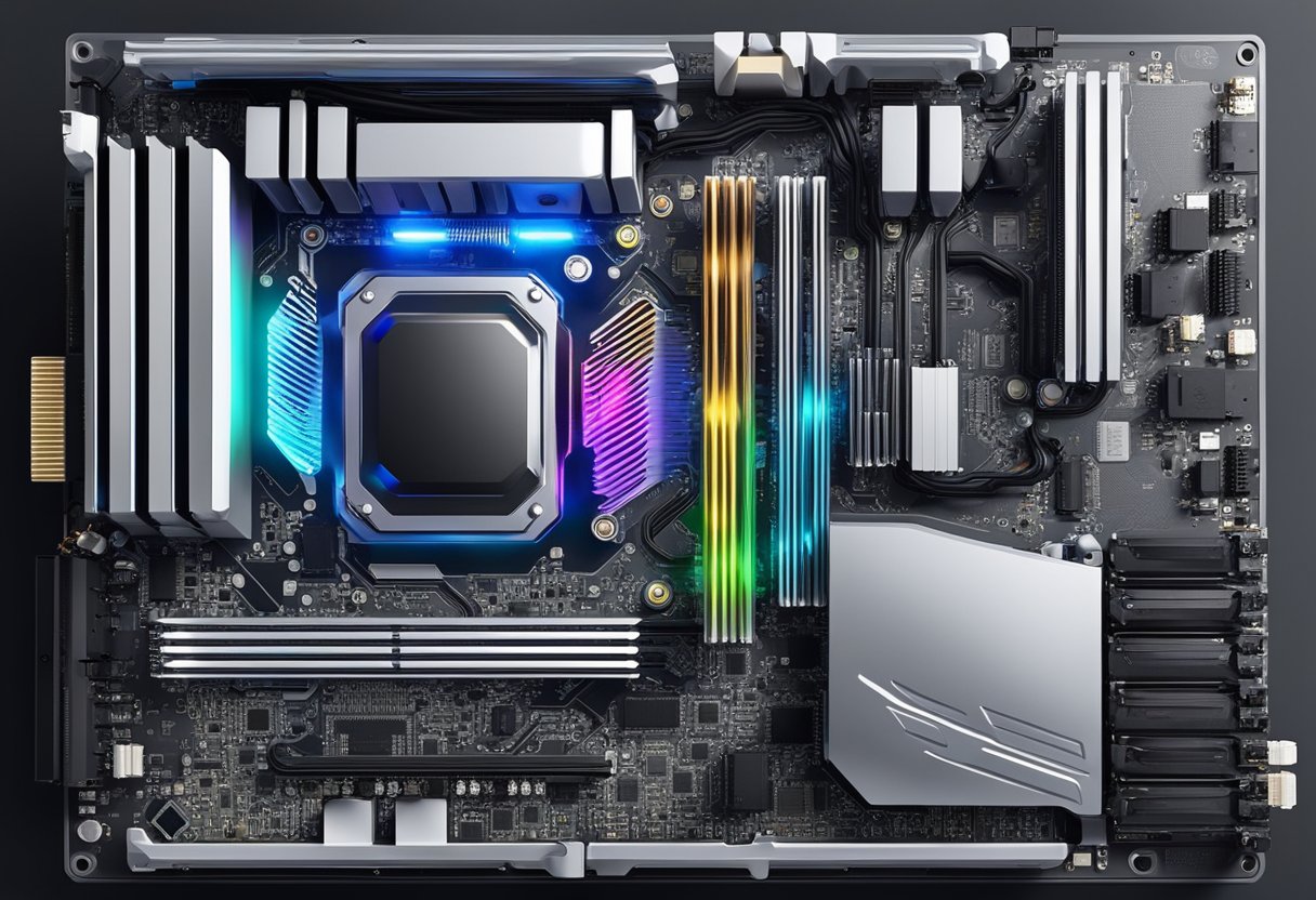 A computer motherboard with an RGB CPU air cooler installed, surrounded by airflow and cooling components