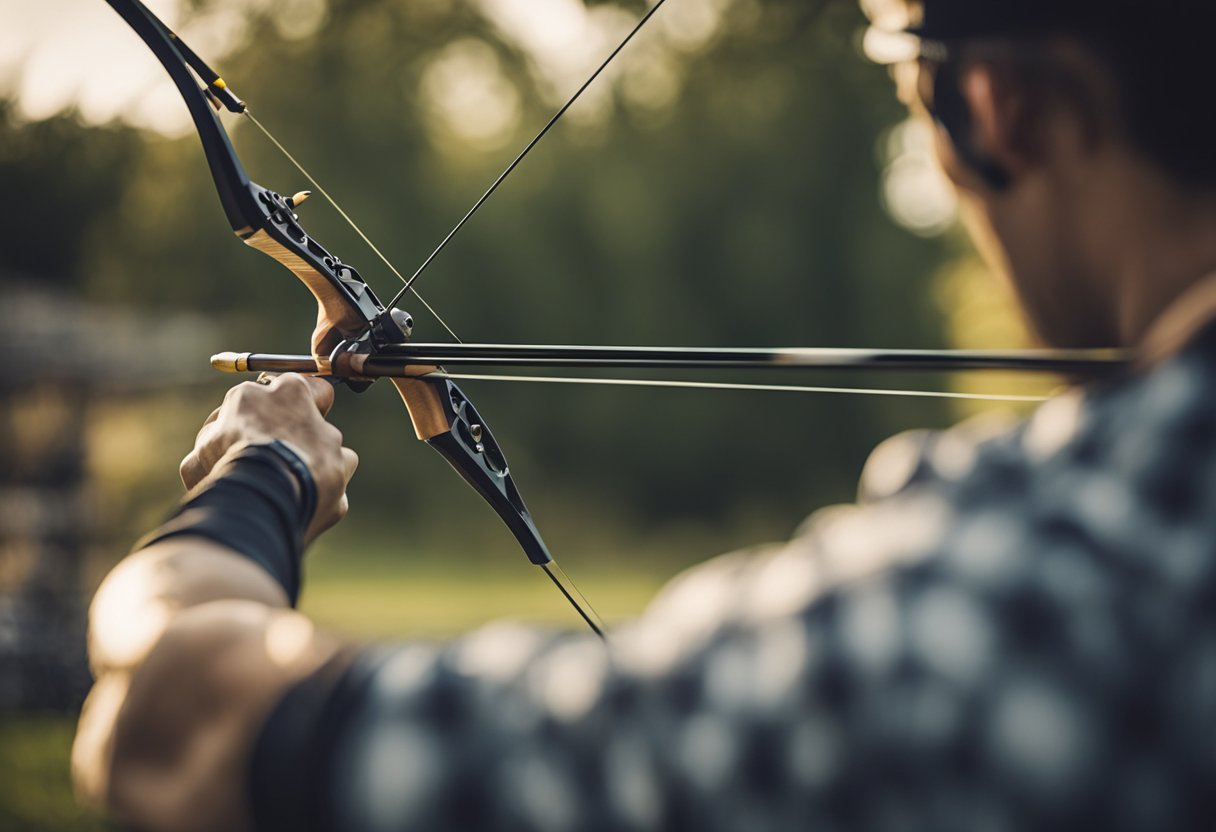 An archery bow being pulled back by a taught string, arrow nocked and ready to be released
