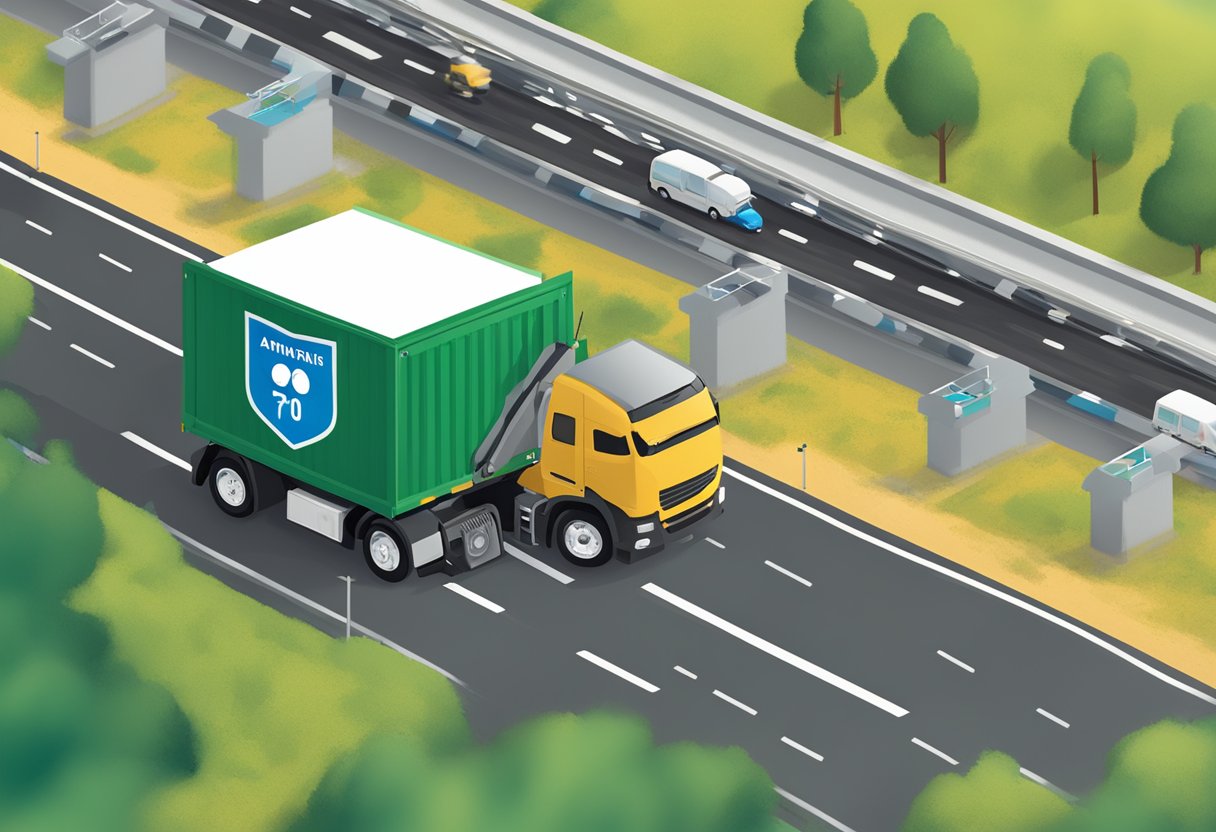 The ANTT can apply fines on Brazilian roads. Illustrate a road sign with ANTT logo and a truck being fined