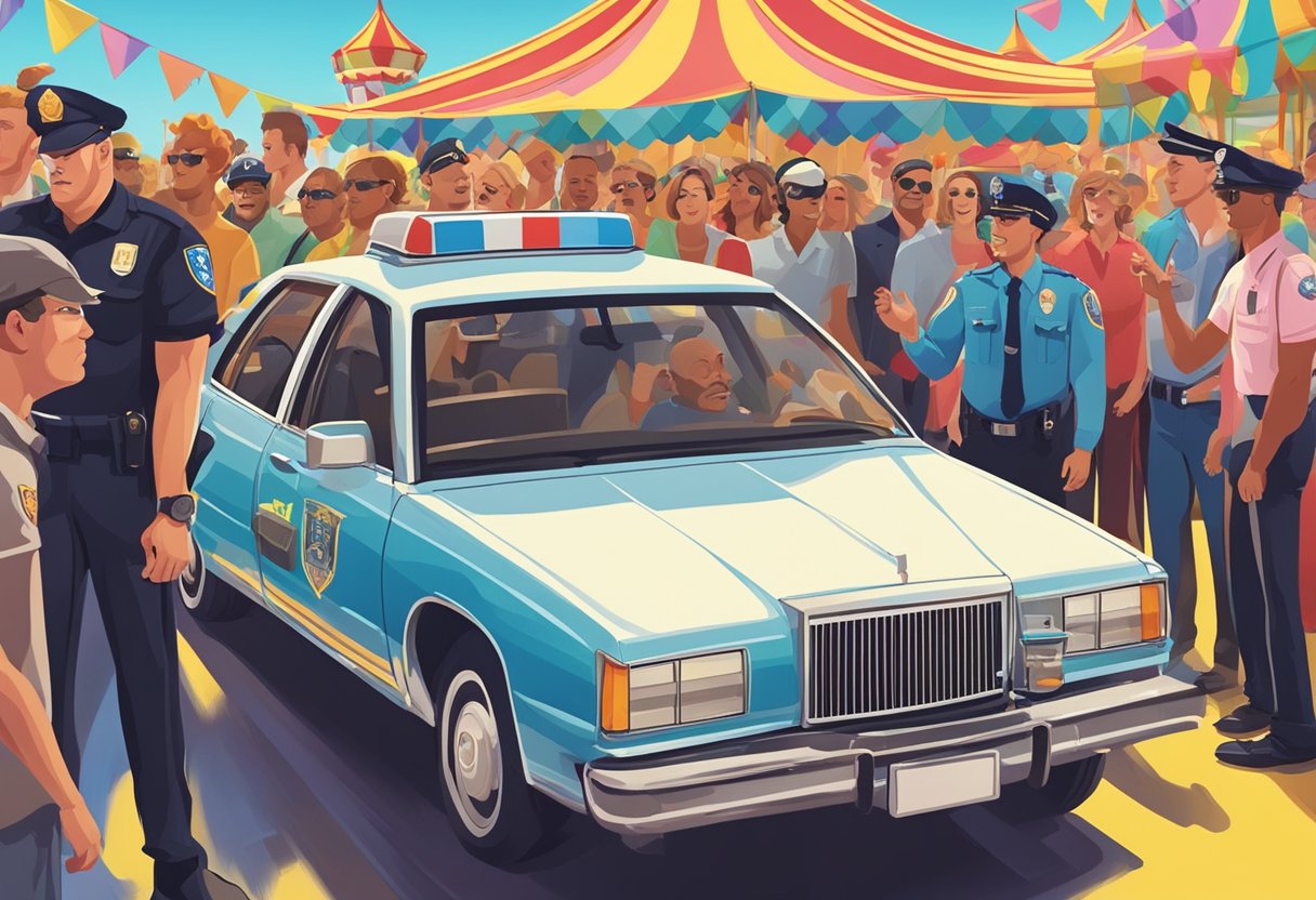 A driver refusing a breathalyzer test at a carnival, with police officers and a crowd of onlookers in the background