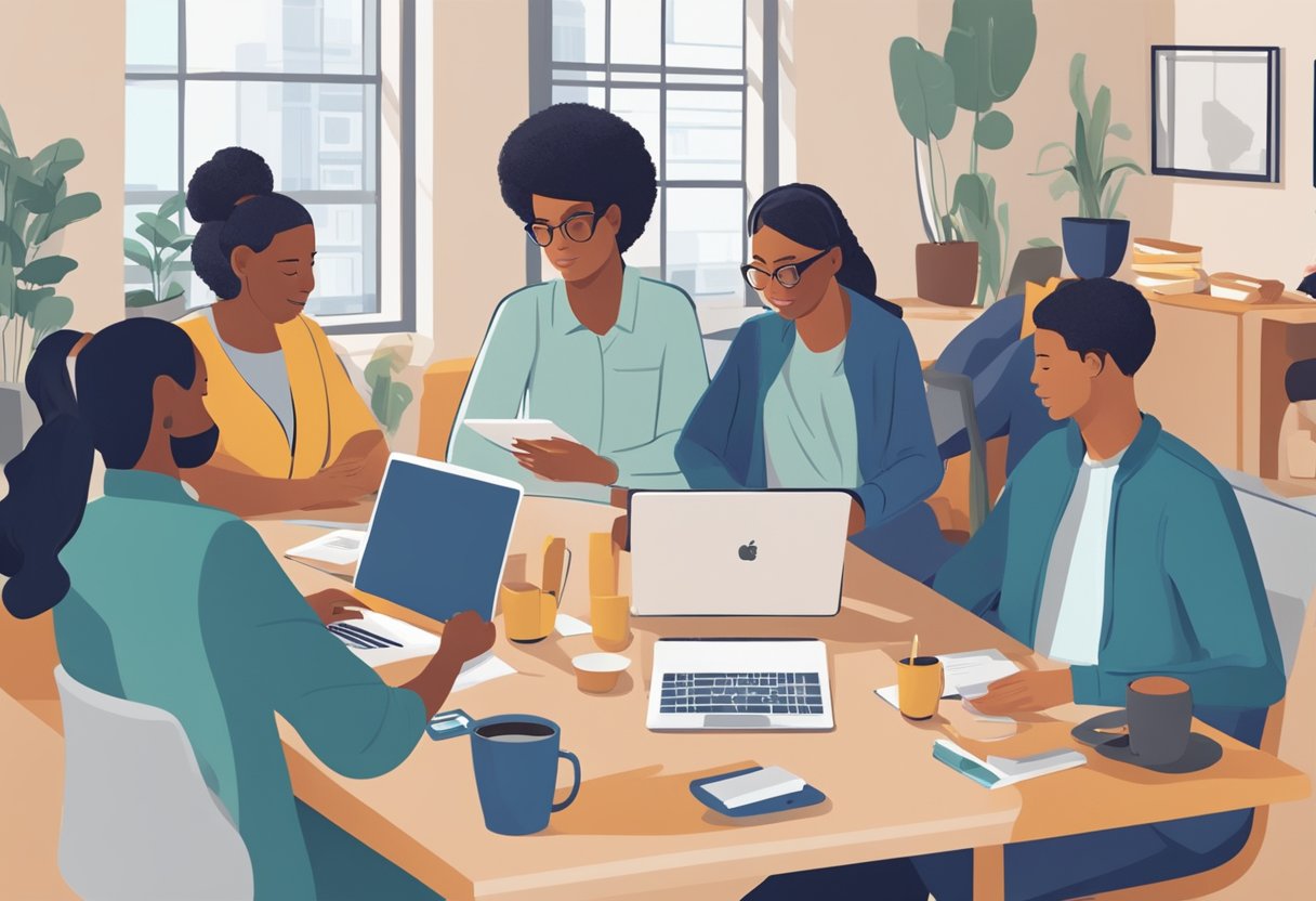 A group of people gather around a table, discussing the SETC Covid Relief Fund and FFCRA for self-employed individuals. Documents and laptops are spread out as they collaborate on the relief efforts