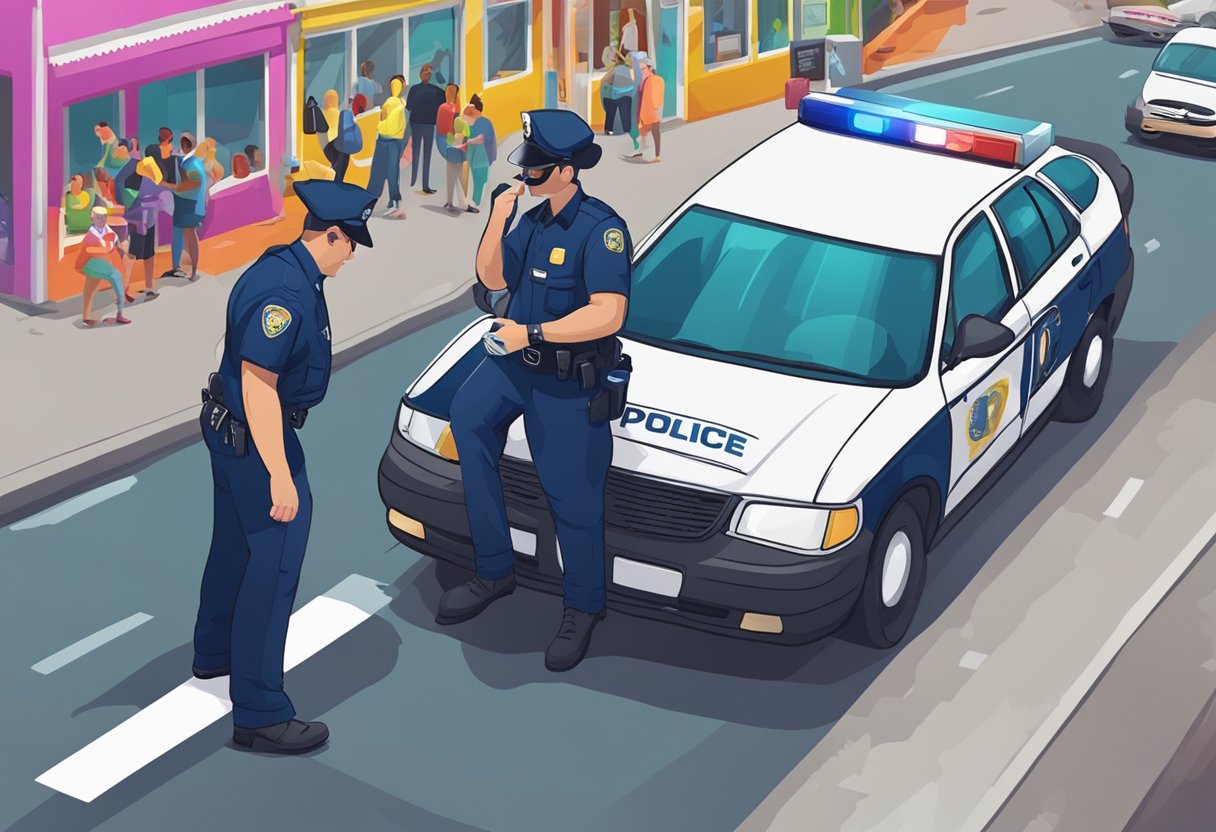 A police officer holds a breathalyzer device, while a car sits parked on the side of the road during a carnival