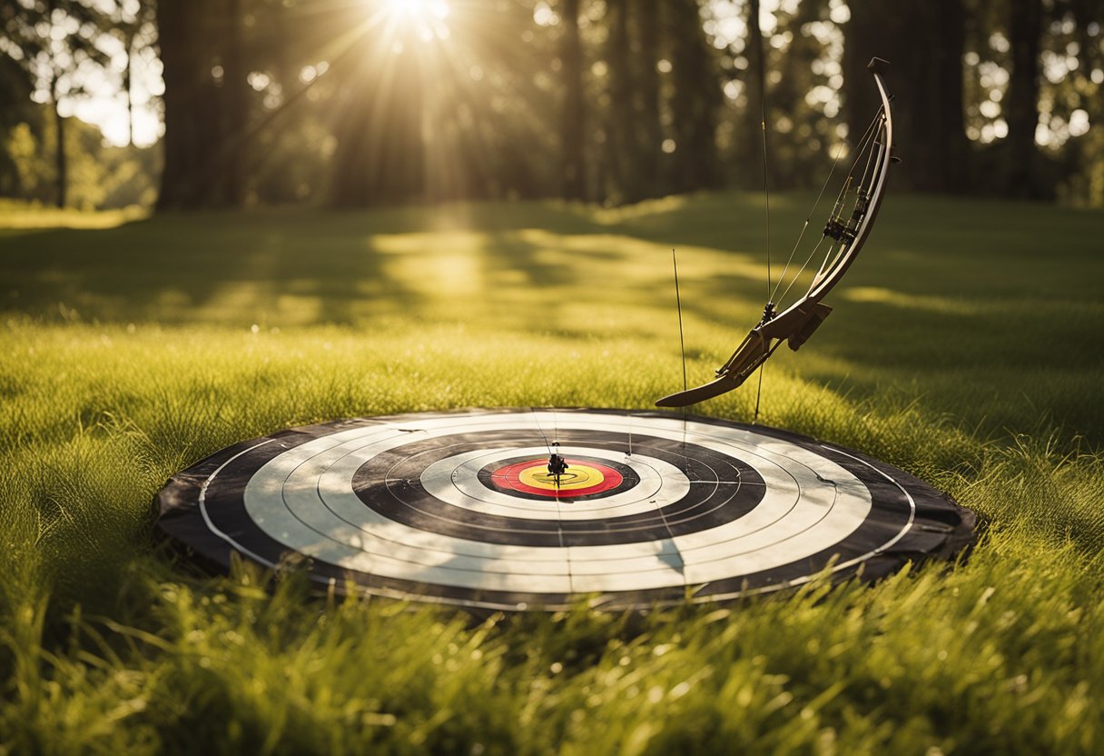 A bow and arrow set laid out on a grassy field, with a target set up in the distance. Sunshine filters through the trees, creating dappled light on the scene
