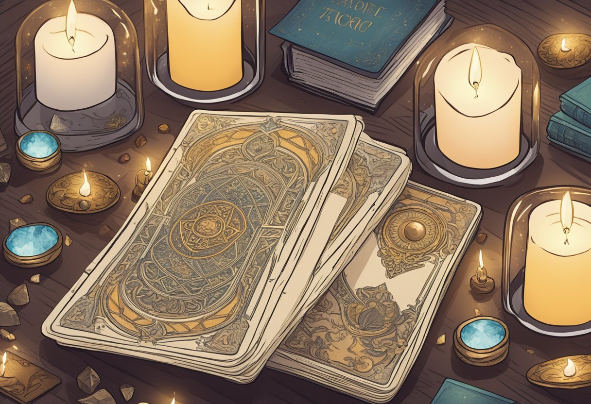 A table with a deck of tarot cards spread out, surrounded by candles and crystals, with a guidebook and notebook nearby