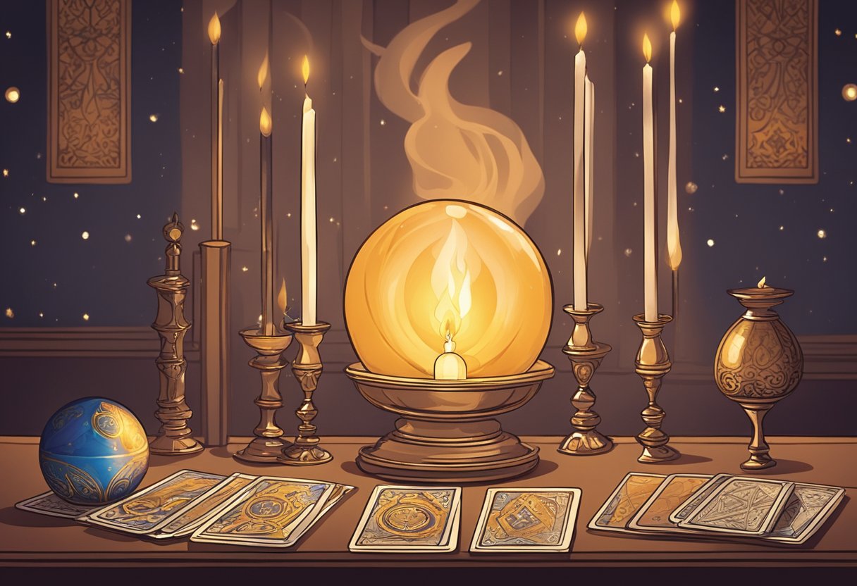 A table with a deck of tarot cards, a crystal ball, and burning candles, set in a mystical room with dim lighting and a hint of incense in the air