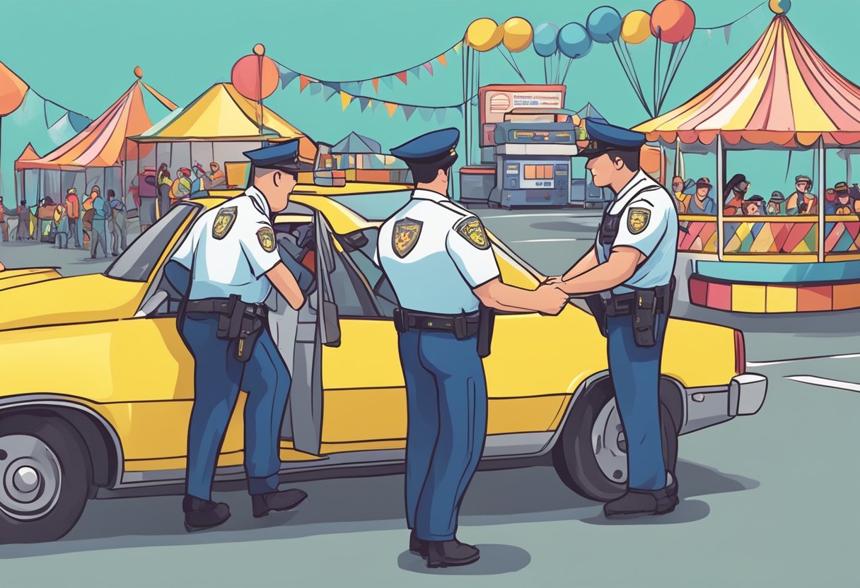 A driver being pulled over by police at a carnival, refusing a breathalyzer test, and receiving a fine