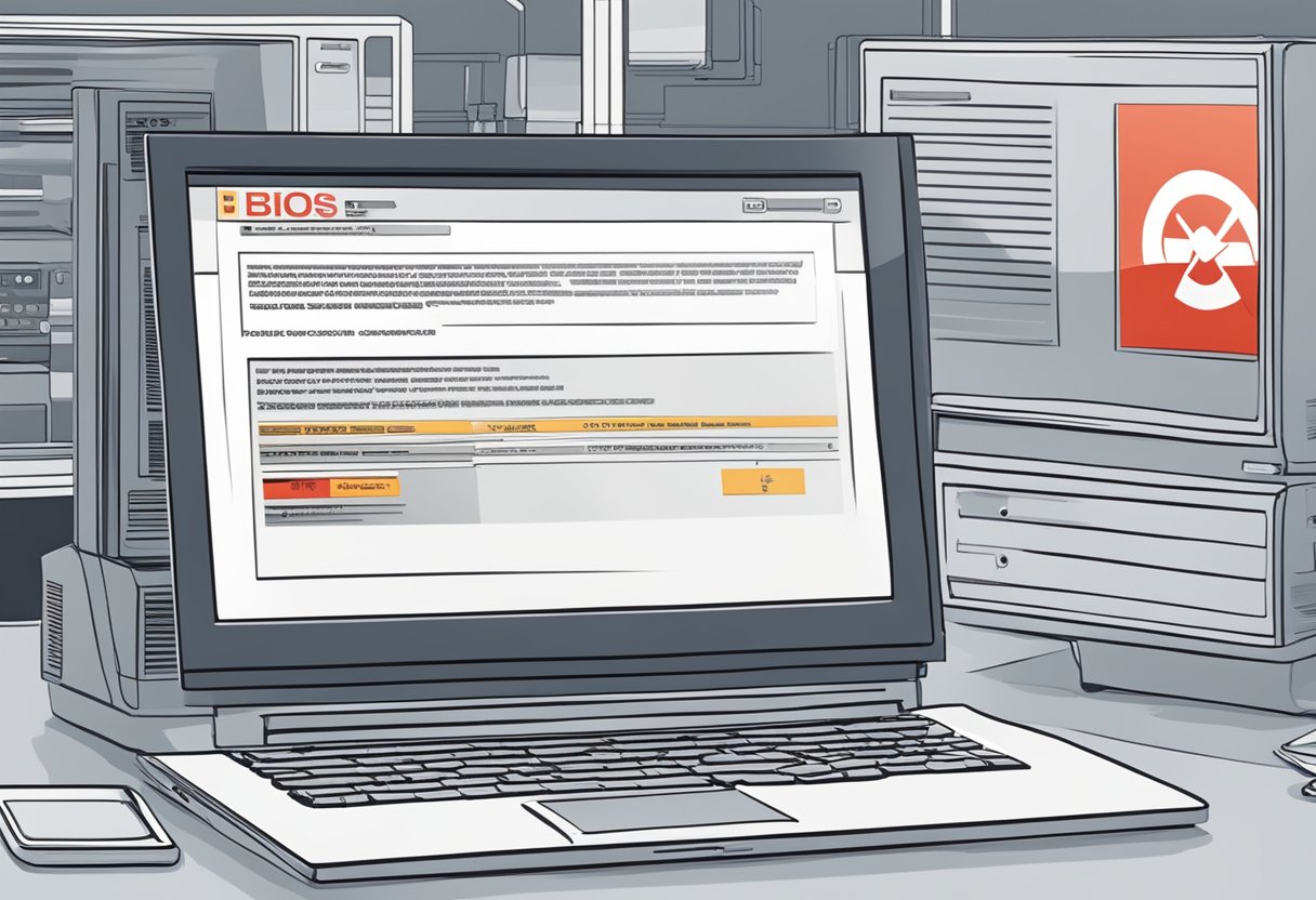A computer screen displaying an error message "BIOS corruption detected" with a red warning symbol