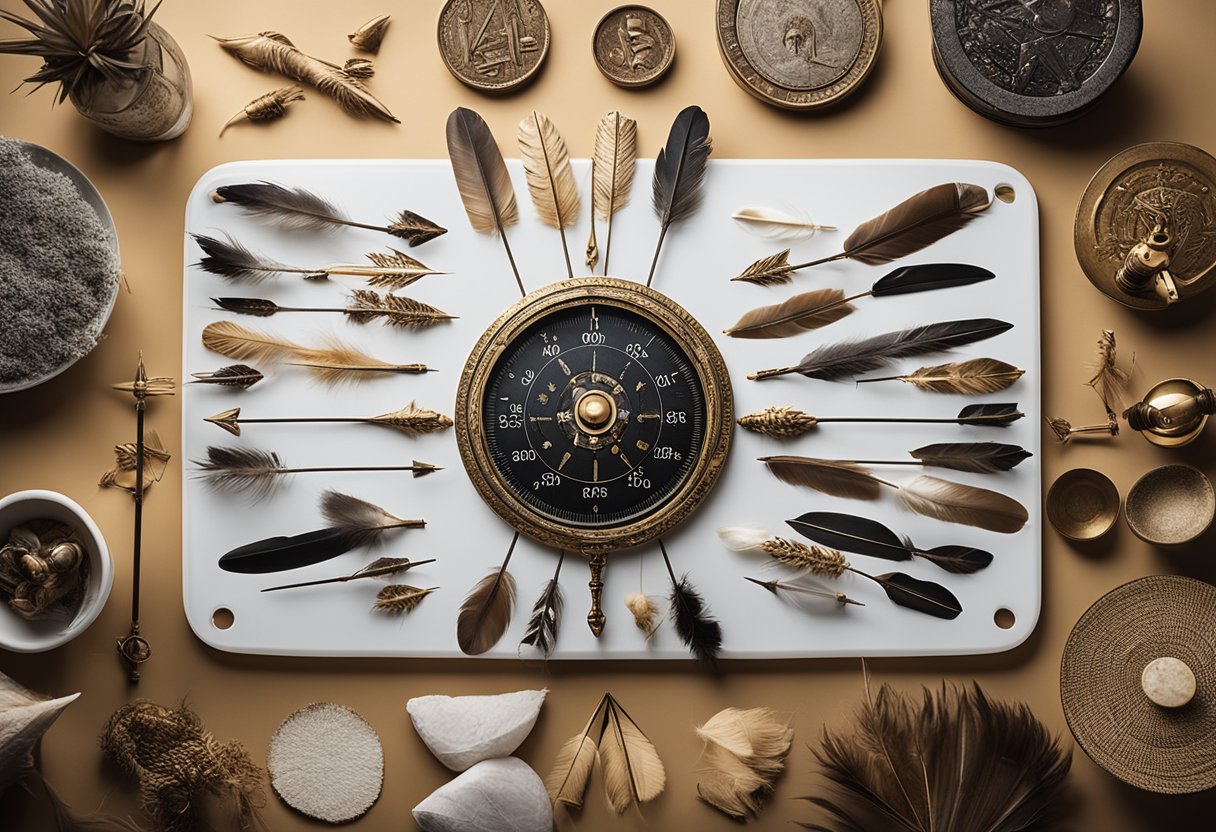 A table with arrows, feathers, and arrowheads. A scale showing the cost of buying vs making arrows. Materials and tools scattered around