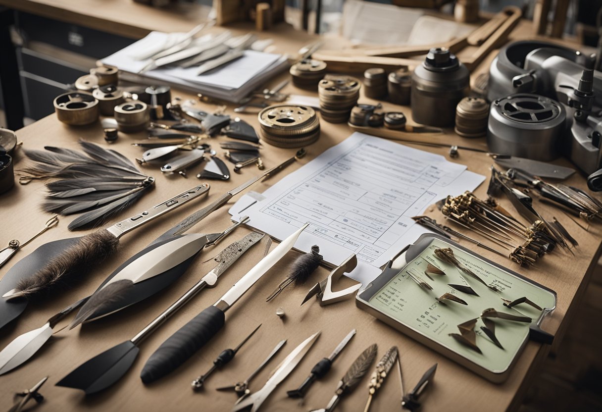 An array of arrow-making tools and materials scattered on a workbench, including feathers, shafts, arrowheads, and a cost analysis spreadsheet