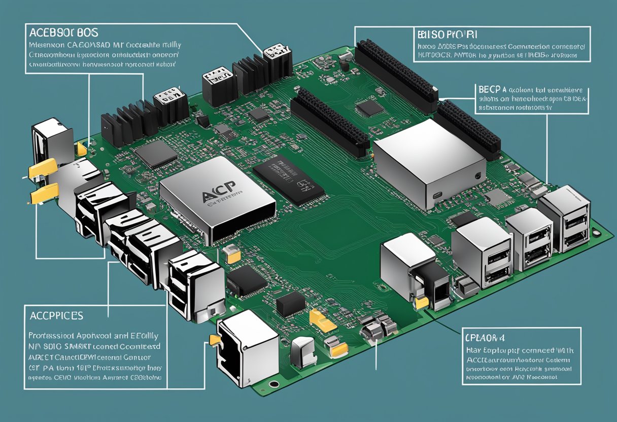 A computer with a motherboard and a chip labeled "ACPI" and "BIOS" not fully connected