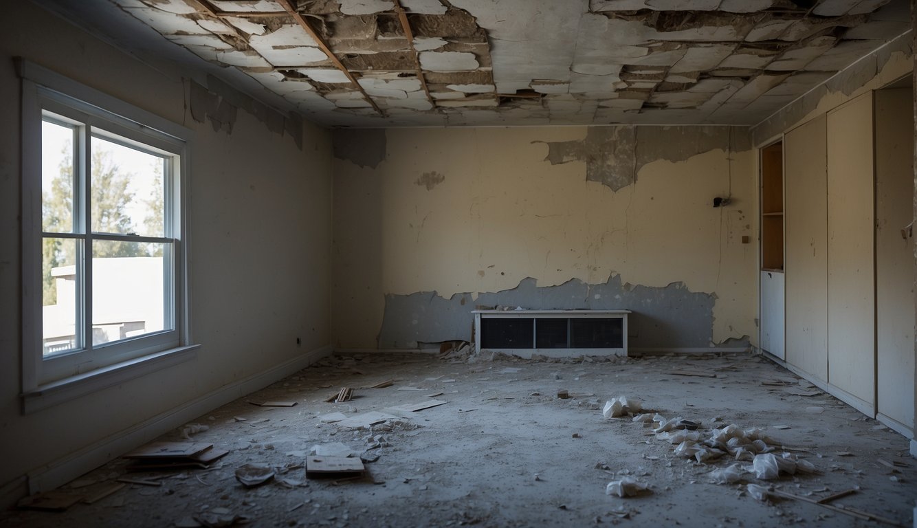 A room with visible mold growth on walls and ceilings, damaged furniture and building materials. Cost estimates and charts showing the economic impact of mold remediation
