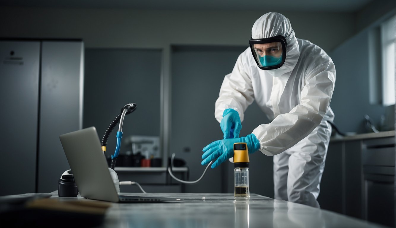 A technician in protective gear assesses a mold-infested area, taking measurements and inspecting materials. Equipment and cleaning supplies are visible, highlighting the cost factors in mold remediation