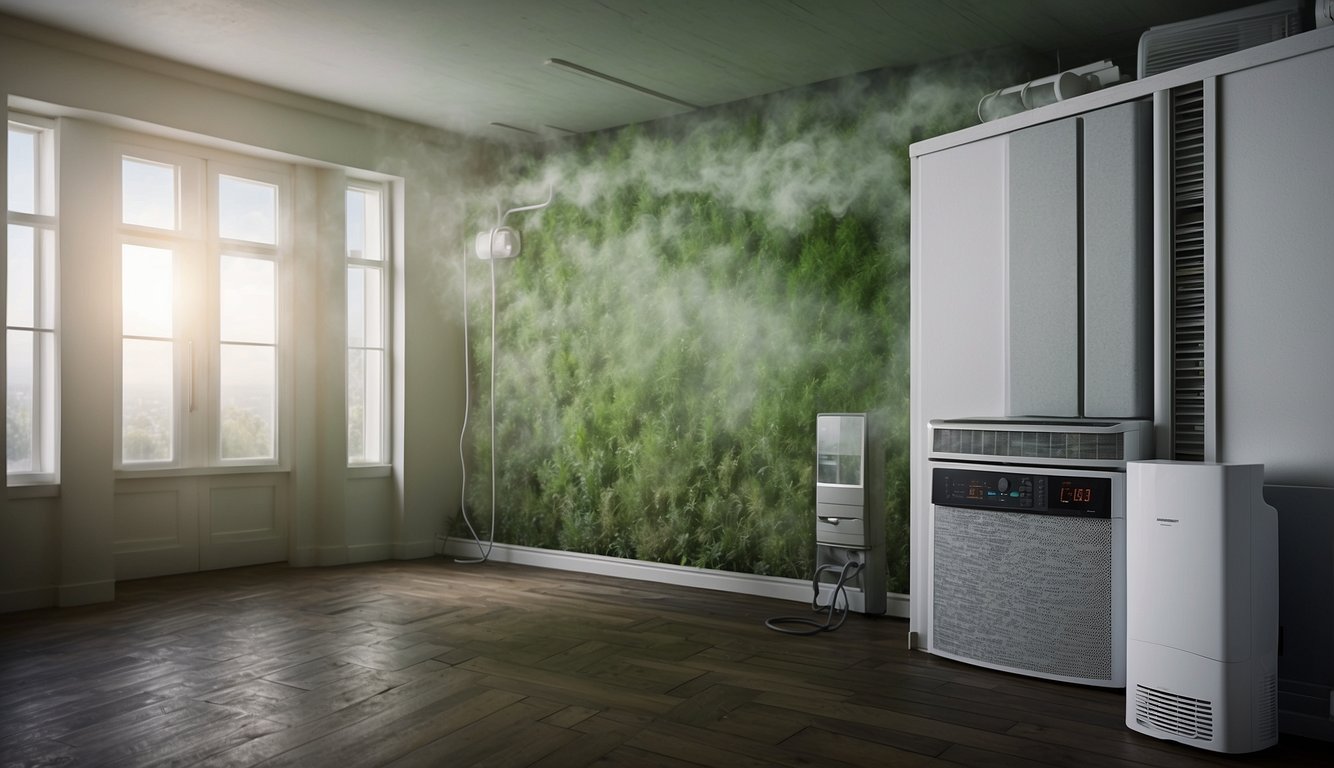 A moldy wall being treated with anti-mold solution, surrounded by dehumidifiers and air purifiers. A cost analysis chart showing expenses for mold remediation